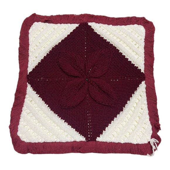 Crochet Handmade Burgundy Flower Throw Pillow Cover Cottage Granny Core 17" VTG - Picture 1 of 5
